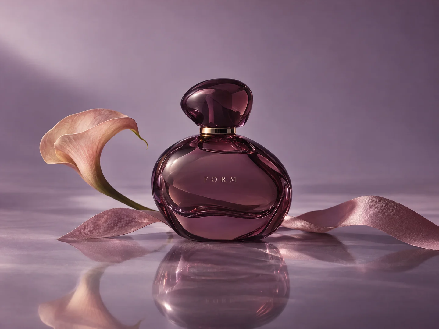 Plum glass perfume and peach calla lily concept