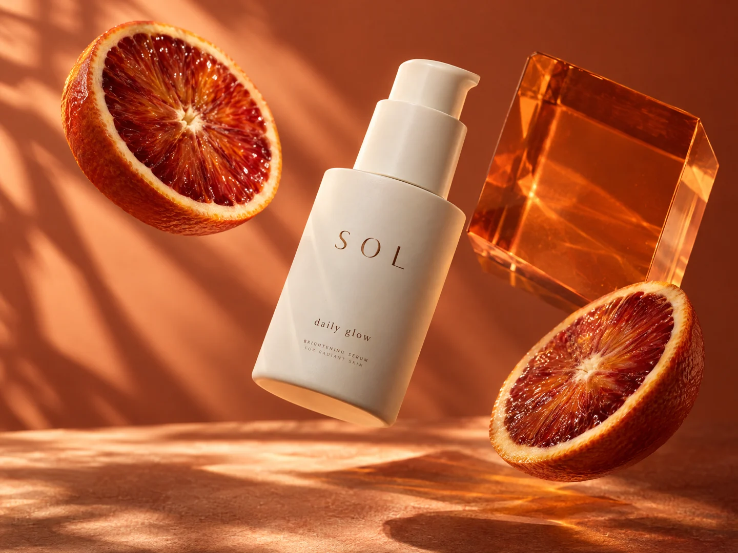 Original SOL skincare campaign concept with blood orange and warm studio light