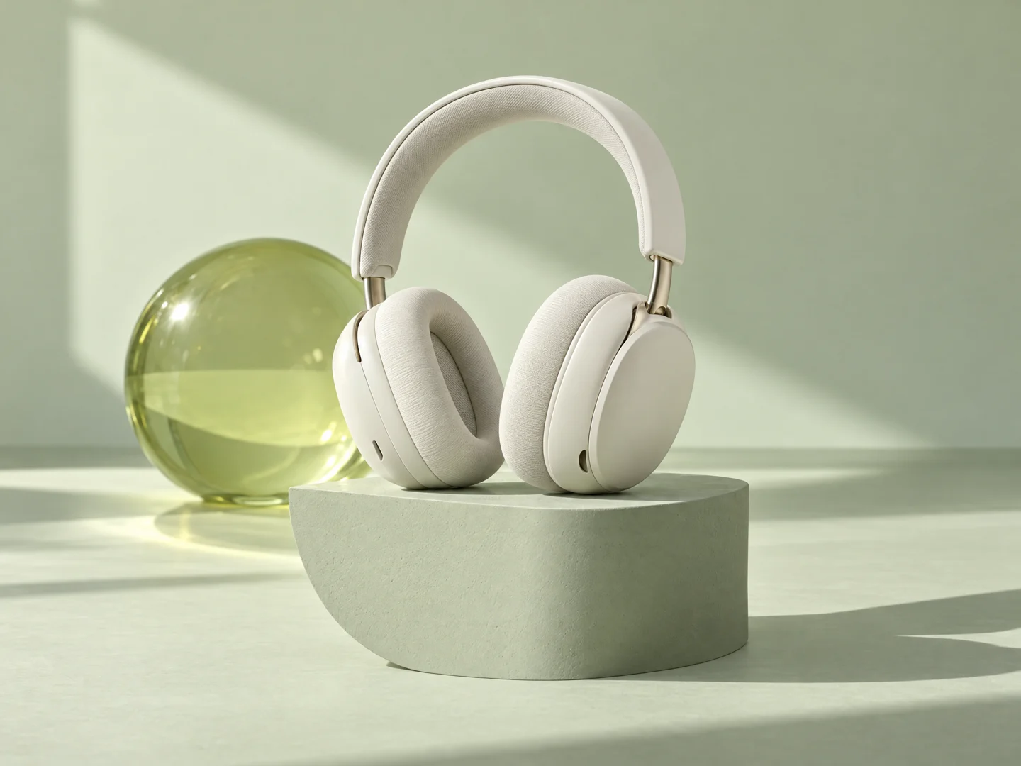 Ivory headphones on a sculptural sage green pedestal